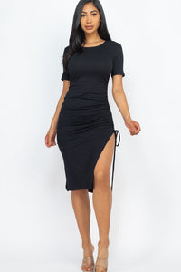 Drawstring Ruched Side Split Hem Midi Dress