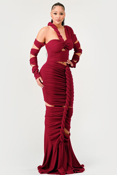 Long Sleeve Wrap Rope Maxi Dress